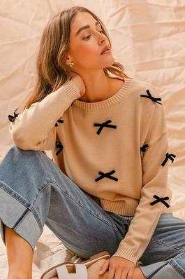 Ribbon Bow Applique Detail Long Sleeve Sweater
