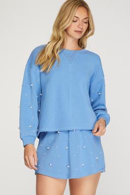Pearl Embellished Long Sleeve Solid Knit Top