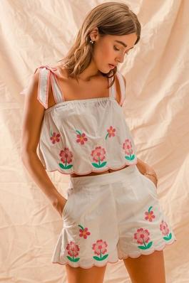 Flower Embroidered Tank Top and Short Set