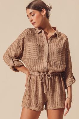 Textured Knit Button Down Roll Up Sleeve Romper