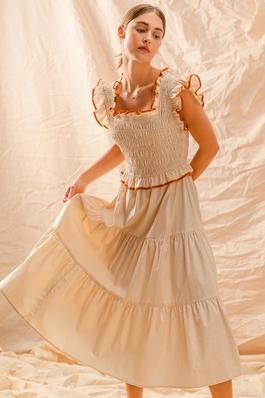 Smocked Top Contrast Binding Tiered Midi Dress