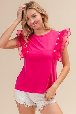 Pearl Embellished Mesh Ruffle Detail Solid Top
