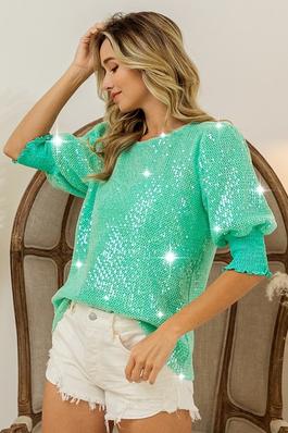 Clear Sequin Puff Sleeve with Smock Cuff Top