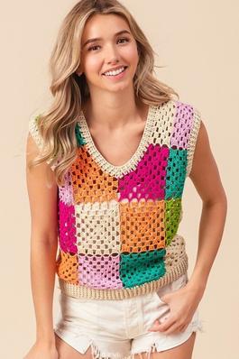 Multi Colors Checker Open Knit Sweater Vest