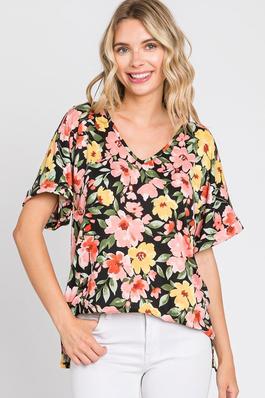 FLORAL PRINIT V-NECK CUFFED SLEEVE TOP