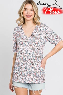 FLORAL V-NECK TOP PUFF SLEEVE TOP