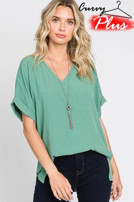 SOLID MILANO V-NECK CUFFED SLEEVE TOP