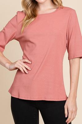 SOLID HALF SLEEVE RIBBED KNIT TOP