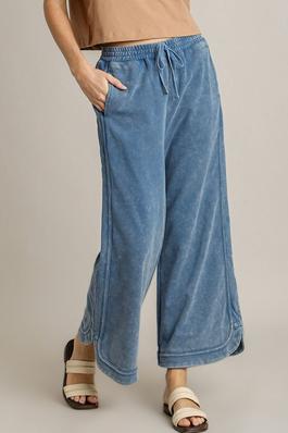 SOLID WASHED FRENCH TERRY WIDE LEG PANTS