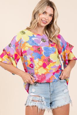 FLORAL PRINT DOUBLE LAYER SLEEVE TUNIC