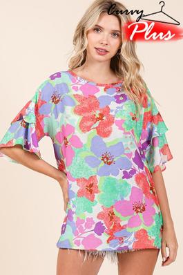 PLUS SIZE FLORAL PRINT DOUBLE LAYER SLEEVE TUNIC