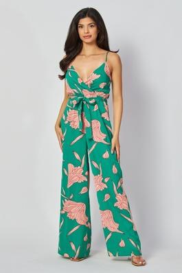Woven Floral Print Jump-suit with Side Pocket