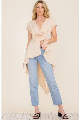 Solid Woven Ribbon Detail High Low Blouse