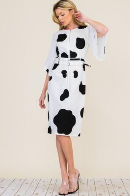 Cow Print Detail Dress with Matching Belt