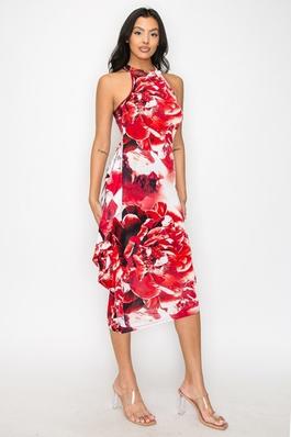 Floral Print Jersey Knit Halter neck Bodycon Dress with Side Ruffle Detail