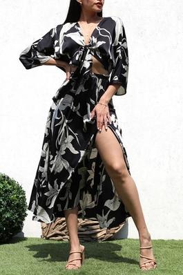 FLORAL PRINTED TIE-FRONT SATIN LONG DRESS