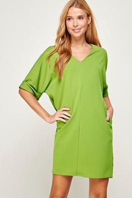 Solid V Neck Dress with Rolled Cuff