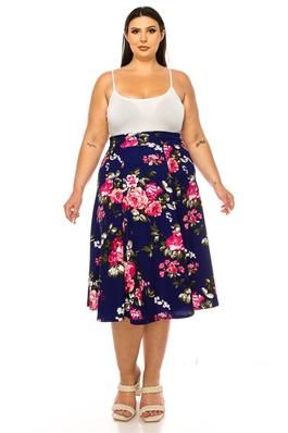 Plus size, Floral print, A-line midi skirt 