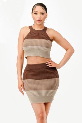 Stripe sweater crop top with skirt set 