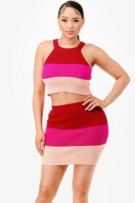 Stripe  sweater crop top with skirt set 