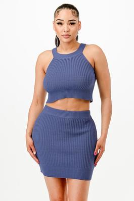 Solid knit crop top with mini skirt set 