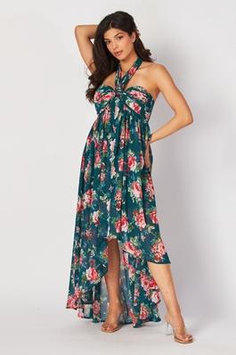 Women Woven Floral Print Halter Tie Back Neck Long Maxi-Dress