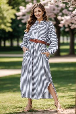 Women Woven Striped Print Long Sleeve Maxi Dress