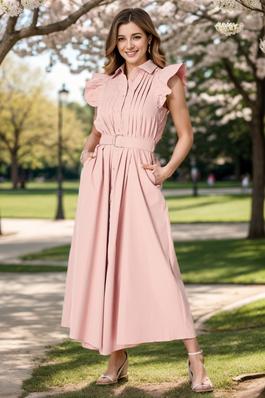 Solid Ruffled Sleeve Button Down Maxi Dress