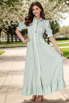 Stripe print Short Sleeve Button-Down Maxi Dress