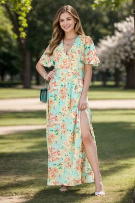 Women Woven Floral Print Short Sleeve V-Neck Maxi Dress
