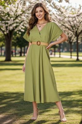 Women Woven Solid Short Sleeve V-Neck Maxi Dress