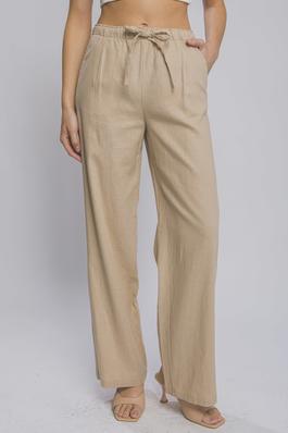 Linen Drawstring Waist Long Pants with Pockets