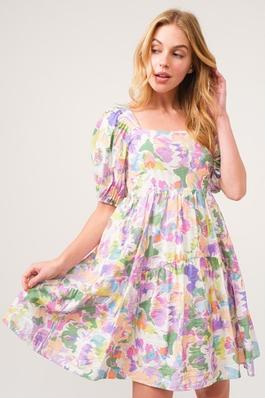 Square Neck Puff Sleeve Floral Printed Mini Dress