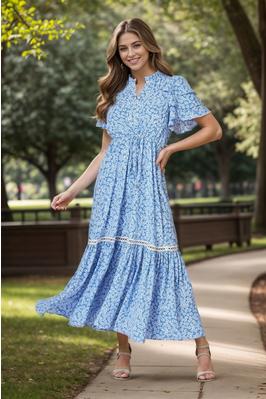 Women Woven Floral Print Short Ruffled Sleeve V-Neck Maxi Dress