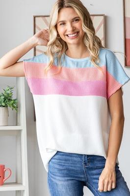 COLOR BLOCK RIBBED SHORT SLEEVE TOP