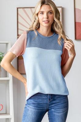 COLOR BLOCK RIBBED SHORT SLEEVE TOP