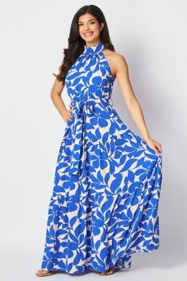 Women Woven Floral Print Halter Neck Tiered Maxi Dress