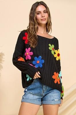 Floral Crochet Stripe Texture Sweater