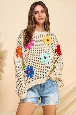 Floral Crochet Waffle Knit Sweater
