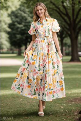 COTTON FLORAL PRINT SHIRT TIERED MAXI DRESS WITH P