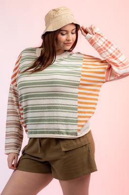 PLUS SIZE Long Sleeve Multi Color Block Striped Sweater