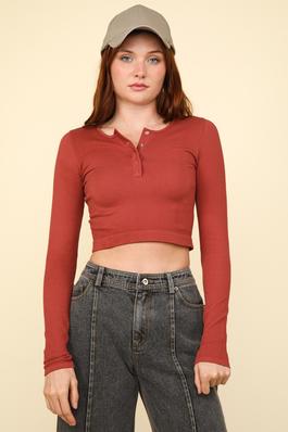 Easy comfy Casual Fitted Crop Henley Knit Top