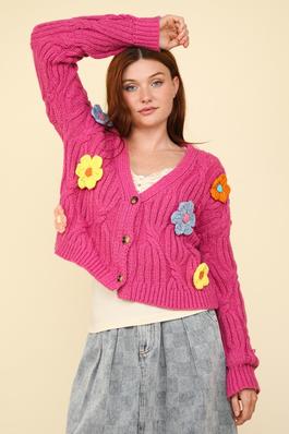 Flower Applique Lovely Knit Sweater Cardigan