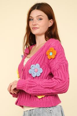 PLUS SIZE Flower Applique Lovely Knit Sweater Cardigan