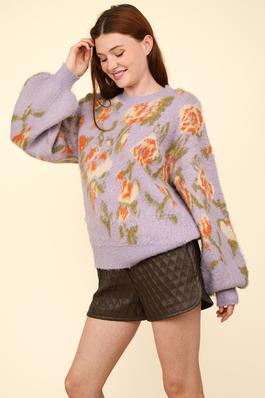 Soft Cozy Floral Print Knit Sweater Top