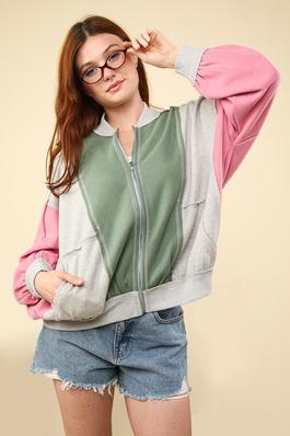 Color Block Casual Bomber Oversized Knit Jacket