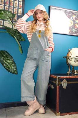 Washed Cotton Twill Solid Overall Jumpsuit