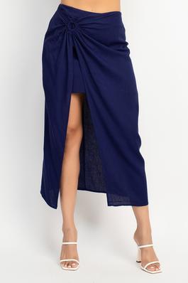 Wrap O-Ring Linen Midi Skirt