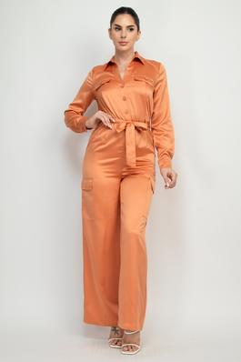Satin Belted Button-Down Jumpsuit
