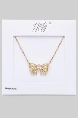 BRASS BOW PENDANT NECKLACE WITH CZ PAVE